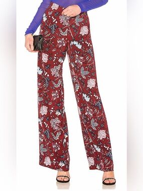 Diane Von Furstenberg DVF Floral Canton Bordeaux Red Wide-Leg Pants Size 6 SILK